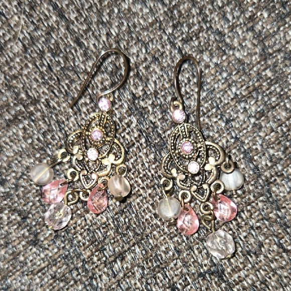 Vintage Bronze Boho Pink Crystal Drop Filigree Earrings - Unbranded💫 - Picture 2 of 4